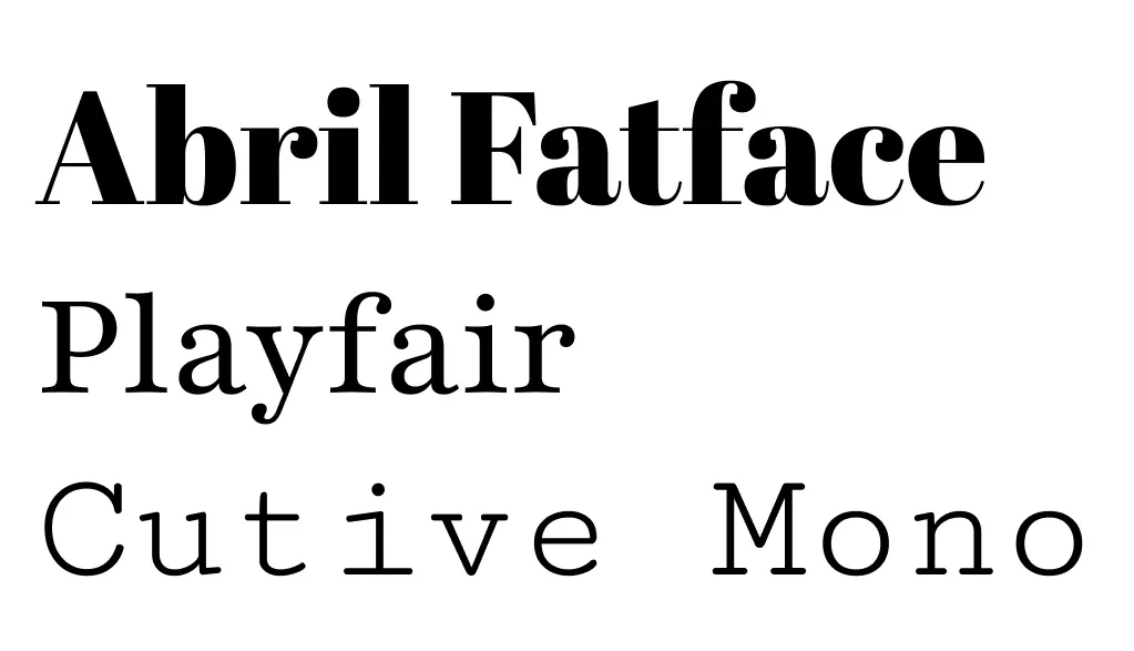 Använda typsnitt i följordning: Abril Fatface, Playfair och Cutive Mono.