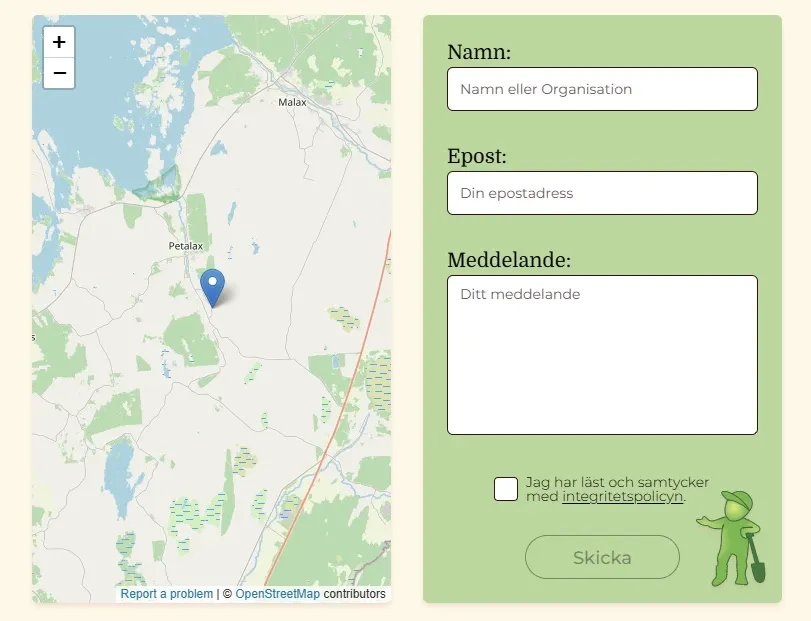 Ett grönt kontaktformulär för att nå SB Gräv / Kaivuu.