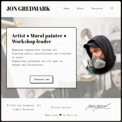 Jon Gredmarks webbportfolio, vars utseende påminner om en dagstidning.